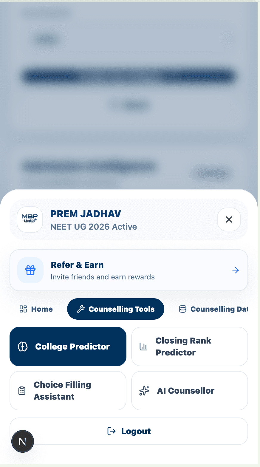MBP counselling dashboard, mobile view